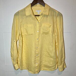 Charter Club Butter Yellow Women's Petite Small Linen Button Down Coastal Beachy